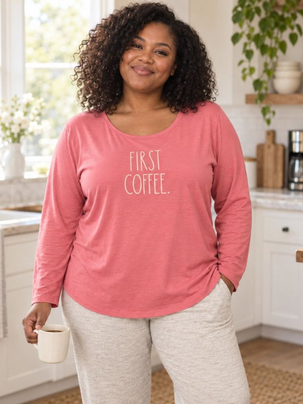 Rae Dunn First Coffee Pink Long Sleeve Lounge Top XL Cozy Minimalist